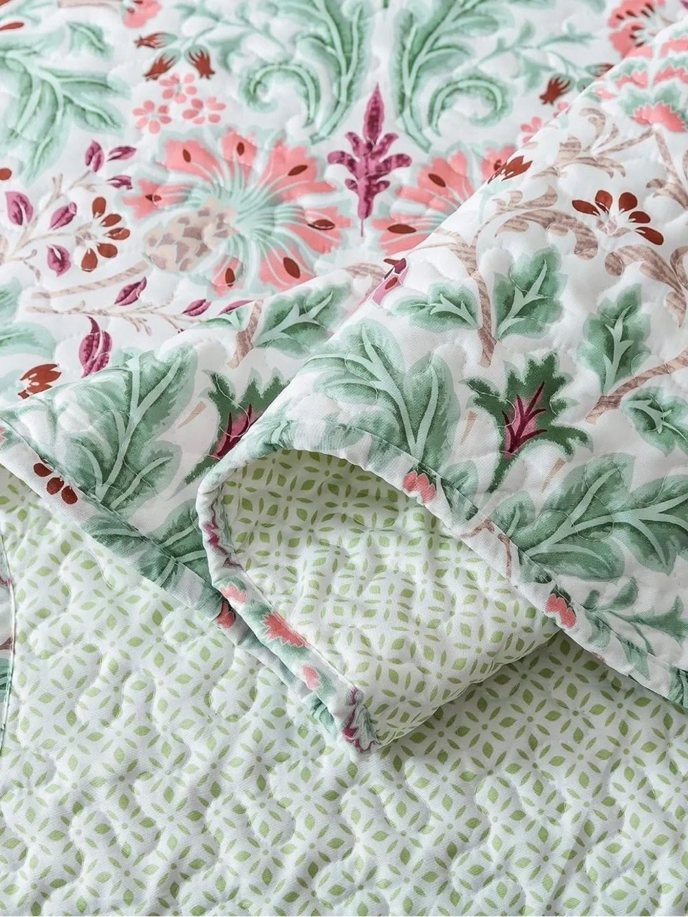 NEW Anthro Green & Pink Floral Reversible Boho Queen King Bedding Quilt Sham Set